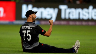 New Zealand's Daryl Mitchell celebrates catching out Australia's captain Aaron Finch during the Cricket Twenty20 World Cup final match between Australia and New Zealand in Dubai, UAE, Sunday, Nov. 14, 2021. (AP Photo/Kamran Jebreili) (AP) New Zealand's Daryl Mitchell celebrates catching out Australia's captain Aaron Finch during the Cricket Twenty20 World Cup final match between Australia and New Zealand in Dubai, UAE, Sunday, Nov. 14, 2021. (AP Photo/Kamran Jebreili) (AP)