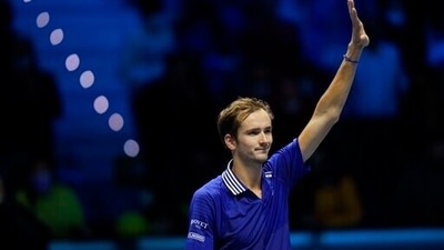 Danil Medvedev of Russia celebrates after defeating Hubert Hurkacz of Poland during their ATP World Tour Finals singles tennis match, at the Pala Alpitour in Turin, Sunday, Nov. 14, 2021. (AP) Danil Medvedev of Russia celebrates after defeating Hubert Hurkacz of Poland during their ATP World Tour Finals singles tennis match, at the Pala Alpitour in Turin, Sunday, Nov. 14, 2021. (AP)