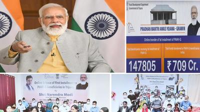 Prime Minister Nadrendra Modi transfers the first instalment of Pradhan Mantri Awaas Yojana-Gramin (PMAY-G) to more beneficiaries of Tripura through video conferencing in New Delhi on Sunday. (PTI) Prime Minister Nadrendra Modi transfers the first instalment of Pradhan Mantri Awaas Yojana-Gramin (PMAY-G) to more beneficiaries of Tripura through video conferencing in New Delhi on Sunday. (PTI)