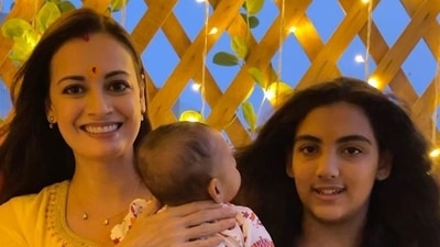 Dia Mirza poses with her son Avyaan and stepdaughter Samaira. Dia Mirza poses with her son Avyaan and stepdaughter Samaira.