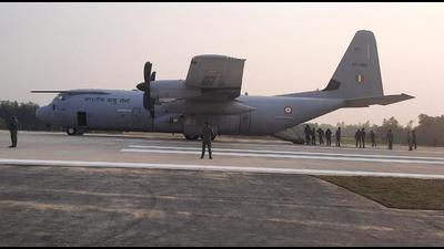 The C-130J Super Hercules aircraft, which was part of the rehearsal by IAF on the Purvanchal Expressway. (SOURCED IMAGE) The C-130J Super Hercules aircraft, which was part of the rehearsal by IAF on the Purvanchal Expressway. (SOURCED IMAGE)