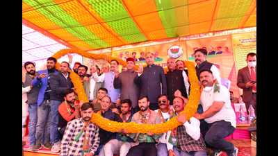Himachal Pradesh chief minister Jai Ram Thakur being welcomed at Nahan in Sirmaur district on Sunday. Himachal Pradesh chief minister Jai Ram Thakur being welcomed at Nahan in Sirmaur district on Sunday.