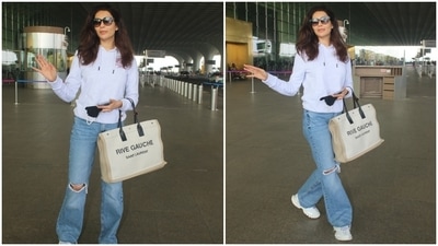 To glam up the airport look, Karishma left her wavy mane open in a side parting. Her beauty picks with the outfit included nude lip shade, glowing skin, and a hint of blush on the cheeks. (HT Photo/Varinder Chawla) To glam up the airport look, Karishma left her wavy mane open in a side parting. Her beauty picks with the outfit included nude lip shade, glowing skin, and a hint of blush on the cheeks. (HT Photo/Varinder Chawla)