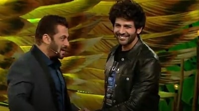 Kartik Aaryan and Salman Khan in a still from Bigg Boss 15. Kartik Aaryan and Salman Khan in a still from Bigg Boss 15. 