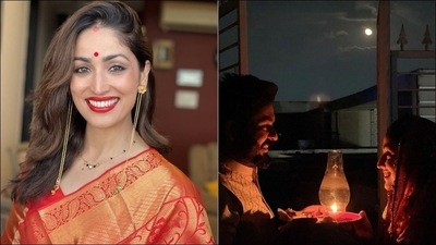 On the occasion of Karwa Chauth, Yami Gautam wore a traditional red saree which she teamed with mangalsutra. (Instagram/yamigautam) On the occasion of Karwa Chauth, Yami Gautam wore a traditional red saree which she teamed with mangalsutra. (Instagram/yamigautam)