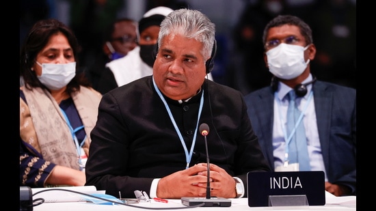 Environment Minister Bhupender Yadav attends the UN Climate Change Conference (COP26) in Glasgow, Scotland. (REUTERS) Environment Minister Bhupender Yadav attends the UN Climate Change Conference (COP26) in Glasgow, Scotland. (REUTERS)