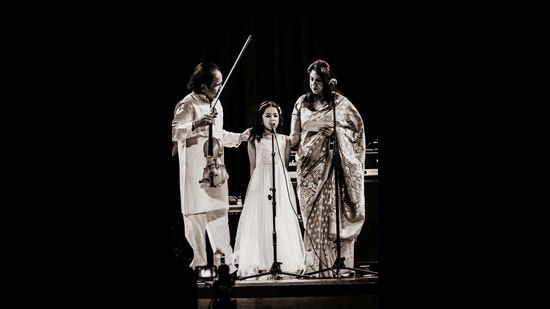 Mahati Subramaniam with grandparents L Subramaniam and Kavita Krishnamurthi