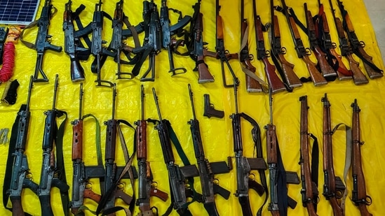 Weapons recovered from 26 Maoists killed in Gadchiroli encounter, on Sunday. (PTI)