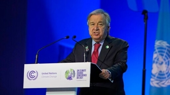 UN secretary-general Antonio Guterres speaks at the COP26 climate summit in Glasgow.(AP)