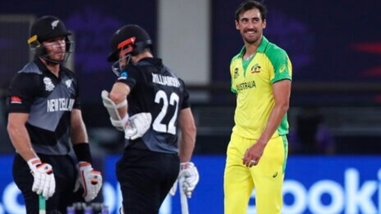 Australia's Mitchell Starc reacts after he was hit for a six by New Zealand's captain Kane Williamson during the Cricket Twenty20 World Cup final match between New Zealand and Australia in Dubai, UAE, Sunday, Nov. 14, 2021. (AP Photo/Aijaz Rahi)(AP)