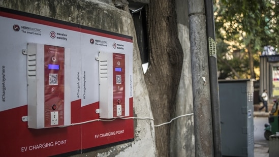 A Hero Electric Vehicles Pvt. electric scooter charging station in New Delhi, India. (Representational Image / Bloomberg) A Hero Electric Vehicles Pvt. electric scooter charging station in New Delhi, India. (Representational Image / Bloomberg)