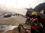 An anti-smog gun is being used near Bhairo Marg as Delhi faces severe pollution. ((ANI photo)) An anti-smog gun is being used near Bhairo Marg as Delhi faces severe pollution. ((ANI photo))