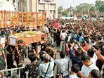People throng to pay tributes to slain Colonel Viplav Tripathi and his family, in Raigarh on Monday. (ANI) People throng to pay tributes to slain Colonel Viplav Tripathi and his family, in Raigarh on Monday. (ANI)