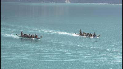 Sportspersons taking part in the four-day 9th Himalayan Goral Dragon Boat Race Championship in Chamba’s Dalhousie. (HT Photo)