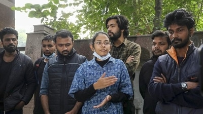Students interact with media after clash between AISA and ABVP at JNU campus. (PTI)
