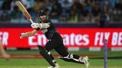 New Zealand's captain Kane Williamson watches the ball go for four during the Cricket Twenty20 World Cup final match between Australia and New Zealand in Dubai, UAE, Sunday, Nov. 14, 2021.&nbsp; (AP)