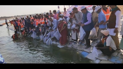 Fish seeds of Indian major carps--catla, rohu and mrigal fishes were released on the confluence of the Ganga and the Yamuna in Praygarj.