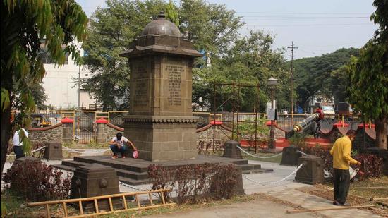 A 5,000 square feet Maratha Memorial located at a junction on Coyaji road in Camp is currently being beautified by the public works department. (Ravindra Joshi/HT PHOTO)