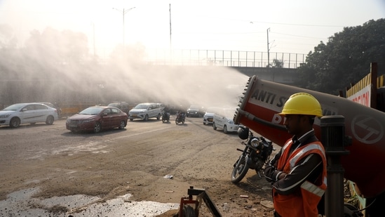 An anti-smog gun is being used near Bhairo Marg as Delhi faces severe pollution.&nbsp;((ANI photo))