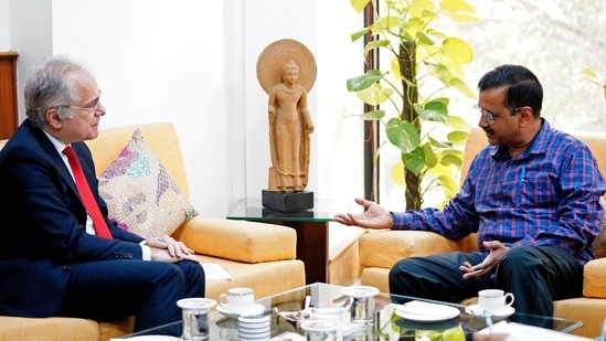 Ambassador of the European Union to India H.E. Ugo Astuto interacts with Delhi Chief Minister Arvind Kejriwal, at Delhi Secretariat, in New Delhi(ANI )