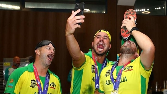 Australian players celebrate after T20 World Cup 2021 win Australian players celebrate after T20 World Cup 2021 win