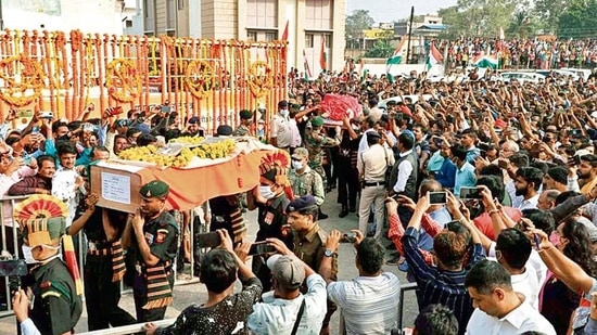People throng to pay tributes to slain Colonel Viplav Tripathi and his family, in Raigarh on Monday. (ANI) People throng to pay tributes to slain Colonel Viplav Tripathi and his family, in Raigarh on Monday. (ANI)