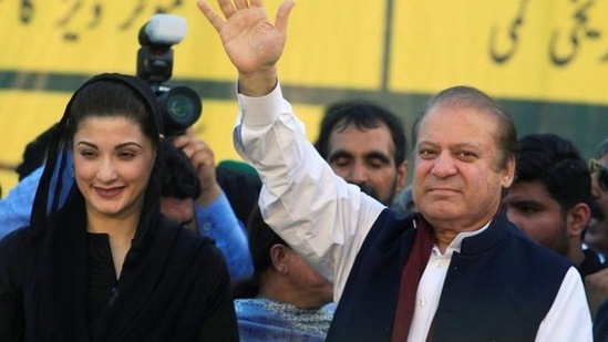 Nawaz Sharif (R), former Prime Minister and leader of Pakistan Muslim League, gestures to supporters as his daughter Maryam Nawaz looks on during the party's workers convention in Islamabad, on June 4, 2018.(REUTERS File Photo)