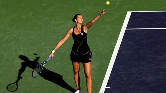 Karolina Pliskova of Czech Republic serves in her singles match against Barbora Krejcikova.&nbsp;(Getty)