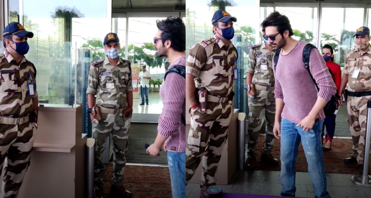 Kartik Aaryan with a CISF officer at the Mumbai airport. (Varinder Chawla) Kartik Aaryan with a CISF officer at the Mumbai airport. (Varinder Chawla)