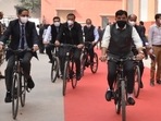 Mansukh Mandaviya cycled to inaugurate the Health Pavilion at the IITF in Pragati Maidan in Delhi. Mansukh Mandaviya cycled to inaugurate the Health Pavilion at the IITF in Pragati Maidan in Delhi.
