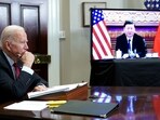 US President Joe Biden meets with China's President Xi Jinping during a virtual summit from the Roosevelt Room of the White House in Washington, DC.(AFP)