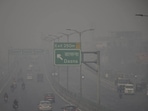 Vehicles ply amid low visibility due to smog on NH-24 in Dasna in Ghaziabad. (Sakib Ali/HT photo)