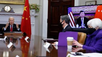 US President Joe Biden speaks virtually with Chinese leader Xi Jinping from the White House in Washington, US. (REUTERS) US President Joe Biden speaks virtually with Chinese leader Xi Jinping from the White House in Washington, US. (REUTERS)