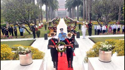 A wreath laying ceremony was held at the Hut of Remembrance, National Defence Academy (NDA), on Tuesday in honour of late Colonel Viplav Tripathi, who was killed in a militant ambush in Manipur. (HT)