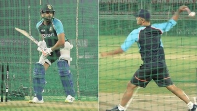 Rohit Sharma takes Rahul Dravid on in India's practice session. (BCCI Screengrab) Rohit Sharma takes Rahul Dravid on in India's practice session. (BCCI Screengrab)
