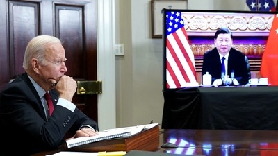 US President Joe Biden meets with China's President Xi Jinping during a virtual summit from the Roosevelt Room of the White House in Washington, DC. (AFP) US President Joe Biden meets with China's President Xi Jinping during a virtual summit from the Roosevelt Room of the White House in Washington, DC. (AFP)