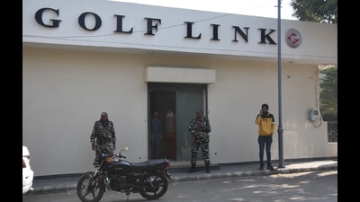 Security personnel stand guard during an income tax raid at a property belonging to Shiromani Akali Dal’s Dakha MLA Manpreet Singh Ayali in Ludhiana district on Tuesday. Security personnel stand guard during an income tax raid at a property belonging to Shiromani Akali Dal’s Dakha MLA Manpreet Singh Ayali in Ludhiana district on Tuesday.