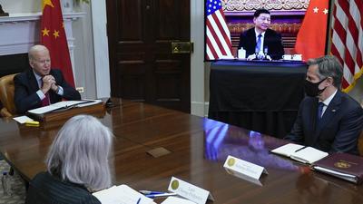 US President Joe Biden speaks virtually with Chinese leader Xi Jinping from the White House in Washington, US. In the meeting, Xi warned Biden against playing with Taiwan fire. (REUTERS) US President Joe Biden speaks virtually with Chinese leader Xi Jinping from the White House in Washington, US. In the meeting, Xi warned Biden against playing with Taiwan fire. (REUTERS)