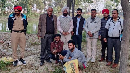 Vigilance bureau and fishery department recovered banned Thai Magur fish from two ponds and booked the contractor in Ludhiana on Tuesday. (HT Photo)