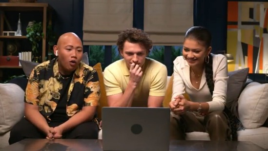 Tom Holland, Zendaya and Jacob Batalon watch Spider-Man: No Way Home trailer.(Instagram)