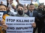 PDP president Mehbooba Mufti along with party workers stage a protest demanding a probe in the Hyderpora encounter on Wednesday.