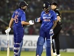 Jaipur: India's Rohit Sharma and Suryakumar Yadav during the first Twenty20 cricket match between India and New Zealand at Sawai Mansingh Stadium, in Jaipur, Wednesday, Nov 17, 2021. (PTI Photo/Atul Yadav)(PTI11_17_2021_000255A)(PTI)