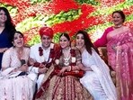 Shraddha Arya was joined by her Kundali Bhagya co-stars Anjum Fakih (second from right) and Surpiya Shukla (first from right) on stage at the wedding. 
