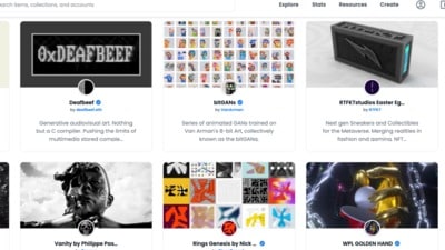 Top artwork NFTs on the OpenSea platform, which also hosts NFTs for music, collectibles, domain names, trading cards and sports. (Screen shot) Top artwork NFTs on the OpenSea platform, which also hosts NFTs for music, collectibles, domain names, trading cards and sports. (Screen shot)