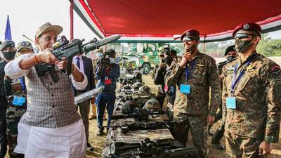 Defence minister Rajnath Singh at the Rashtra Raksha Samarpan Parv in Jhansi. (PTI PHOTO) Defence minister Rajnath Singh at the Rashtra Raksha Samarpan Parv in Jhansi. (PTI PHOTO)