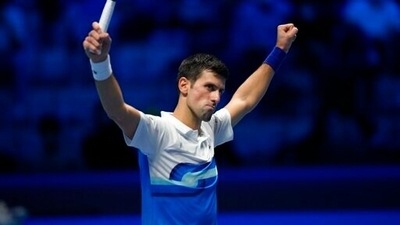 Serbia's Novak Djokovic celebrates after defeating Russia's Andrey Rublev during their ATP World Tour Finals singles tennis match, at the Pala Alpitour in Turin, Wednesday, Nov. 17, 2021. (AP) Serbia's Novak Djokovic celebrates after defeating Russia's Andrey Rublev during their ATP World Tour Finals singles tennis match, at the Pala Alpitour in Turin, Wednesday, Nov. 17, 2021. (AP)