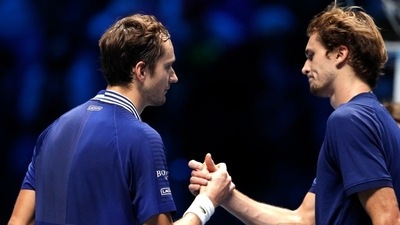 Russia's Daniil Medvedev with Germany's Alexander Zverev after their group stage match&nbsp; (REUTERS)