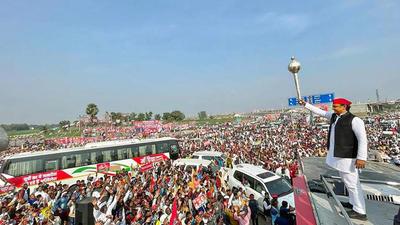 Samajwadi Party chief Akhilesh Yadav during the Samajwadi Vijay Rath Yatra in Ghazipur on Wednesday. (PTI PHOTO) Samajwadi Party chief Akhilesh Yadav during the Samajwadi Vijay Rath Yatra in Ghazipur on Wednesday. (PTI PHOTO)