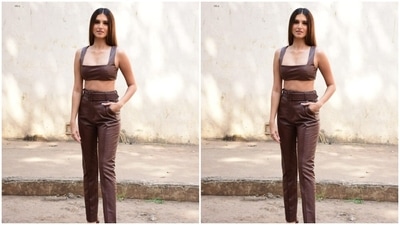 Tara paired a sleeveless cropped rust leather top with a pair of rust leather trousers. (HT Photos/Varinder Chawla)