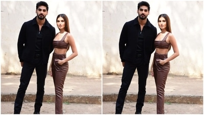 Tara and Ahan posed together for the paparazzi. (HT Photos/Varinder Chawla)